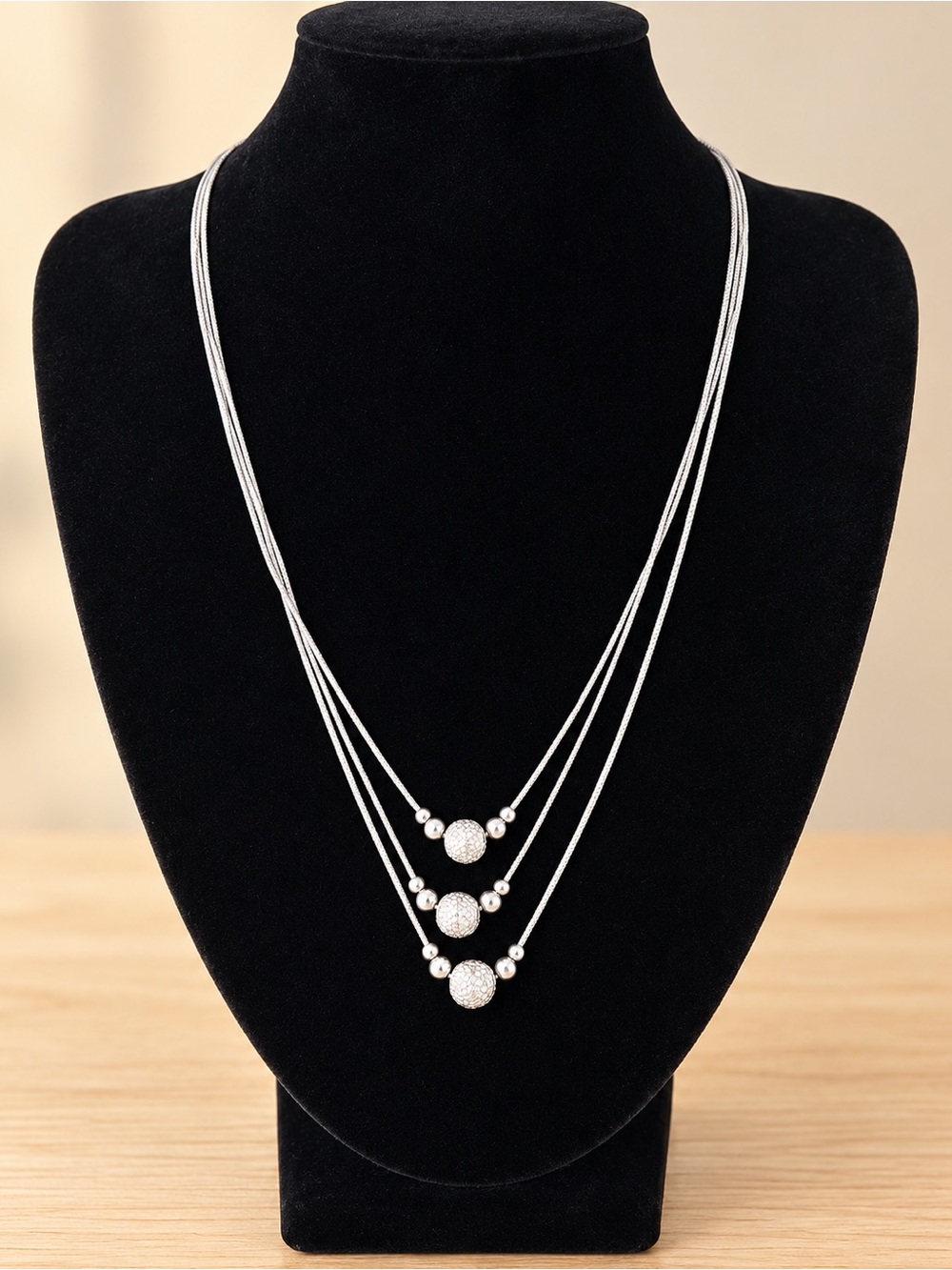 Sterling Silver Triple Strand Textured Bead Layered Necklace
